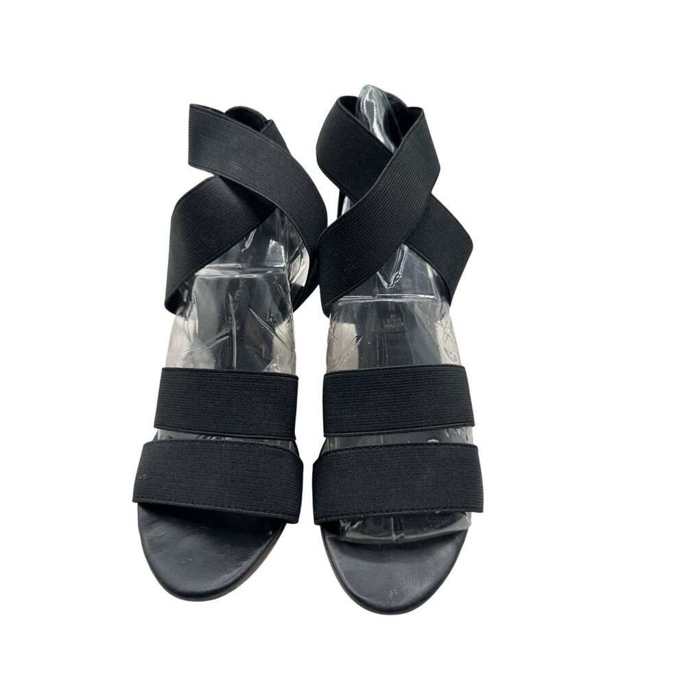 Steven Madden Size 6 Strappy Elastic Open-Toe Leather Back Heels Faux Wood Wedge